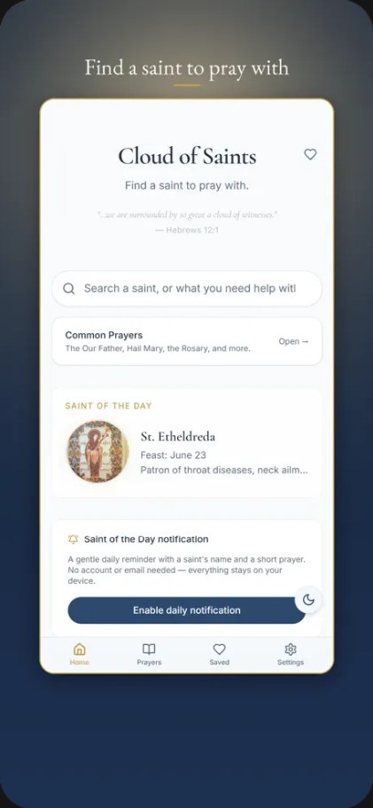 Find a saint to pray with: the home screen, with search, Common Prayers, and Saint of the Day.